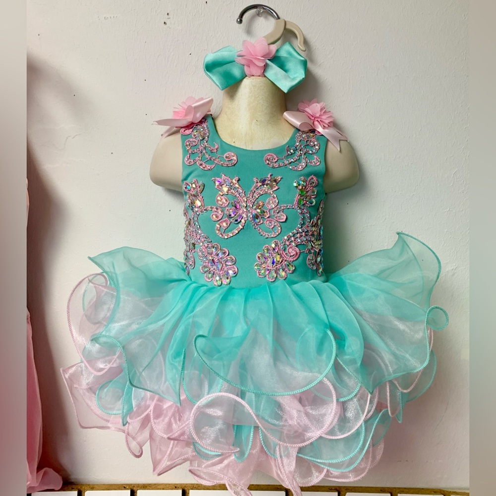 18/24 Months Pink & Aqua Beaded Cupcake Pageant Dress w/ matching bow NWT